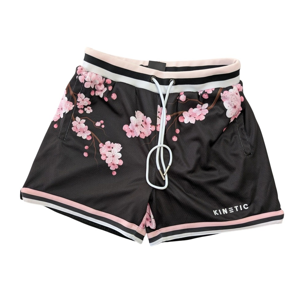 Kinetic Cherry Blossom Mesh Shorts Men M Black Pink Sakura Athletic Gym Run